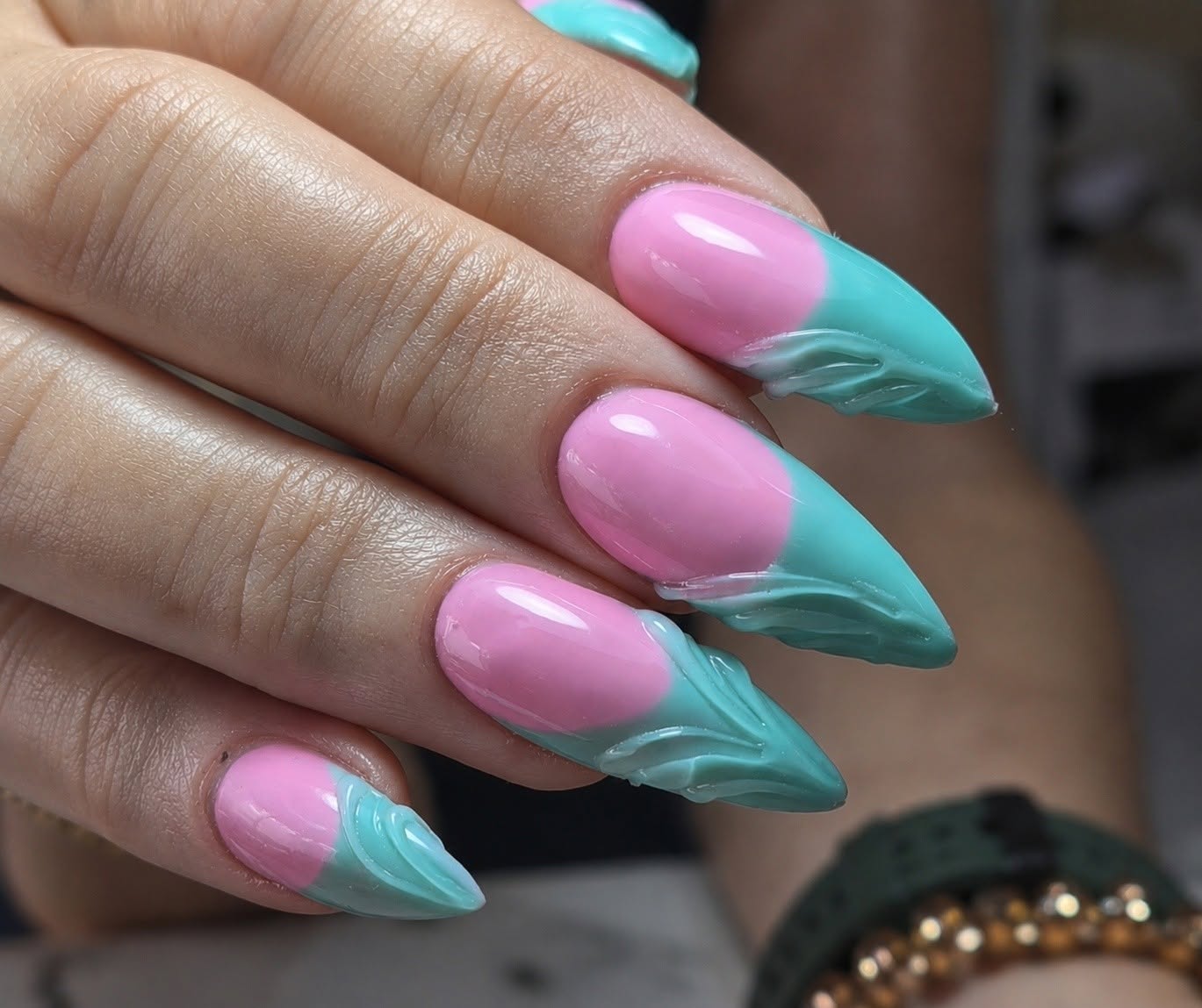 Pastel acrygel extensions with 3D swirls